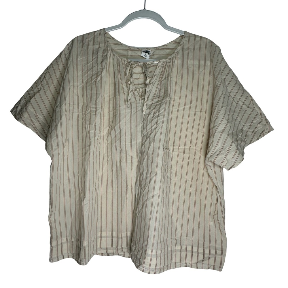 Melrose Market XL Tan Cream Striped Tie‎ Neck Cotton Blouse Boho Boxy Top 8409